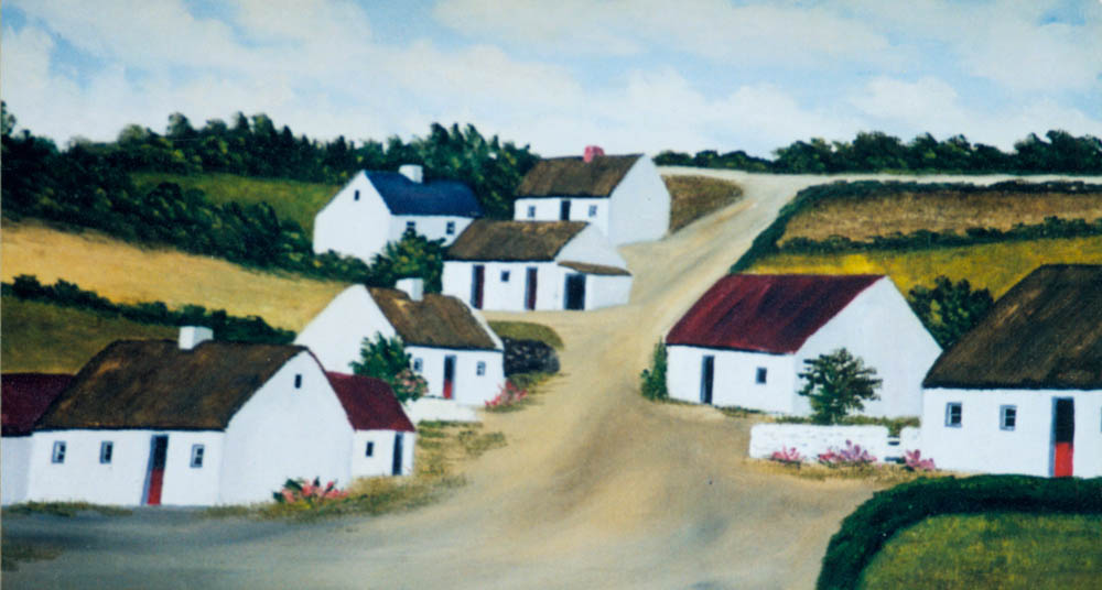 half the houses in Ballaghduff, by M. Brennan (1973), from an earlier sketch by Philomena Kelly
