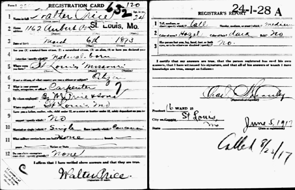 Draft registration card 1917 Walter Price