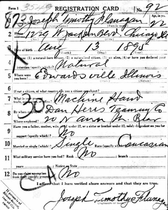 Joe Flanagan's draft card, 1917