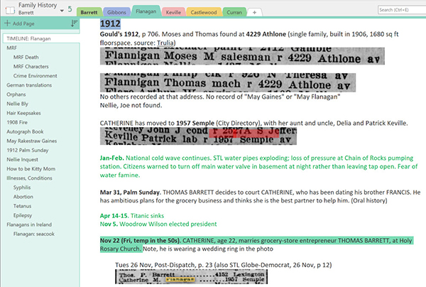 snippet of OneNote timeline for Flanagan family